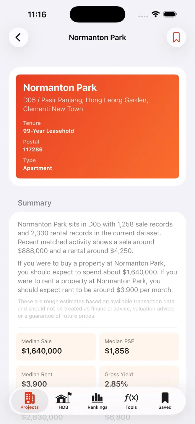 PropertySmartSG private project detail screen showing sale, rent and yield figures