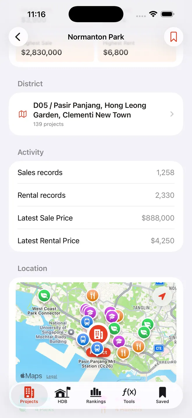 PropertySmartSG project activity and Apple Maps screen with nearby places