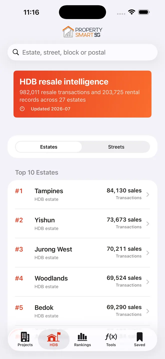 PropertySmartSG HDB estate and street search screen