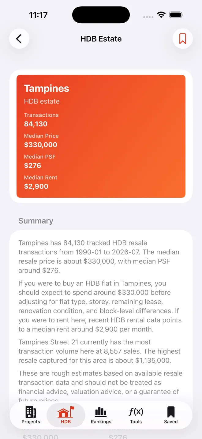 PropertySmartSG HDB estate screen showing resale price, PSF and rent
