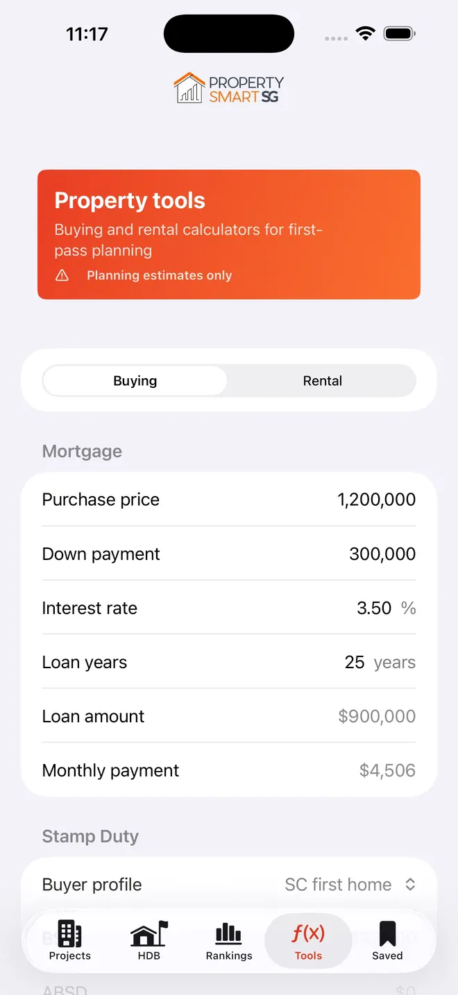 PropertySmartSG mortgage and stamp duty calculator screen