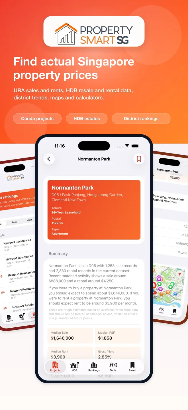 PropertySmartSG app preview with project, rankings and map screens